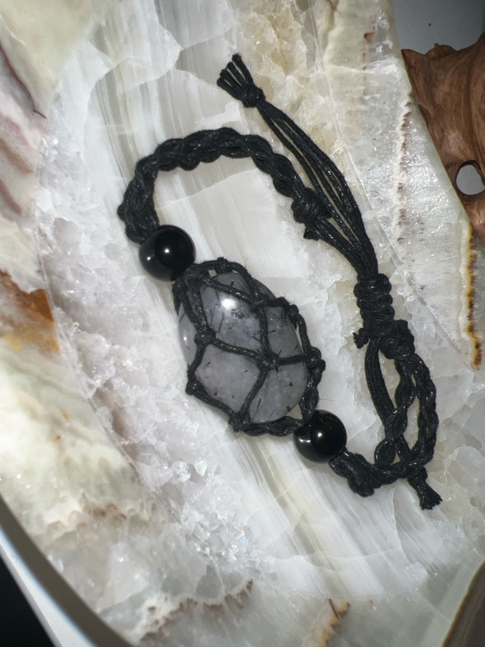 Handcrafted Black Macrame Bracelet with Tourmalinated  Quartz Stone